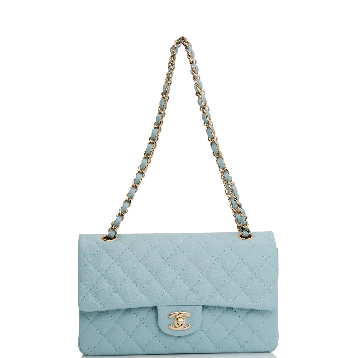 Chanel Medium Classic Double Flap Bag Blue Quilted Caviar Light Gold Hardware