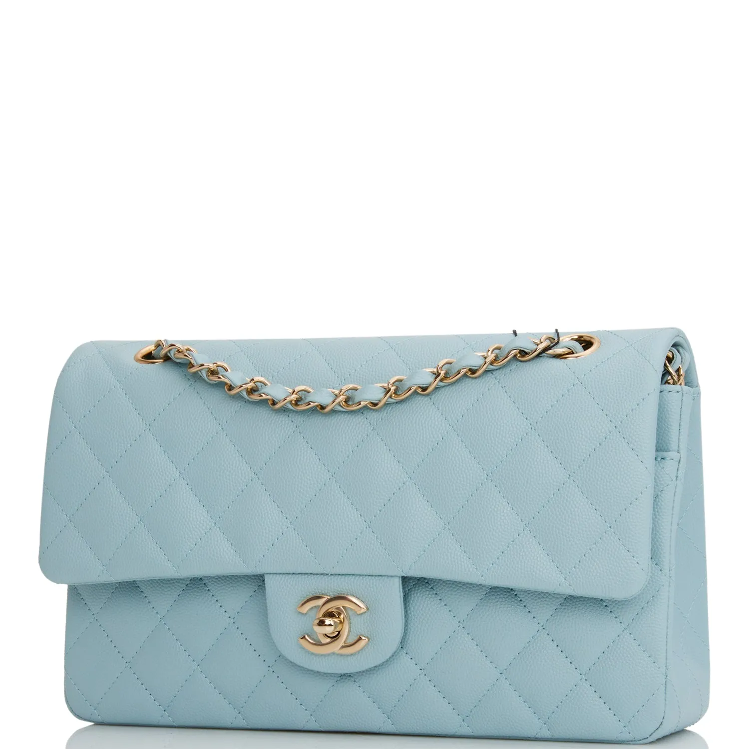 Chanel Medium Classic Double Flap Bag Blue Quilted Caviar Light Gold Hardware