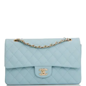 Chanel Medium Classic Double Flap Bag Blue Quilted Caviar Light Gold Hardware