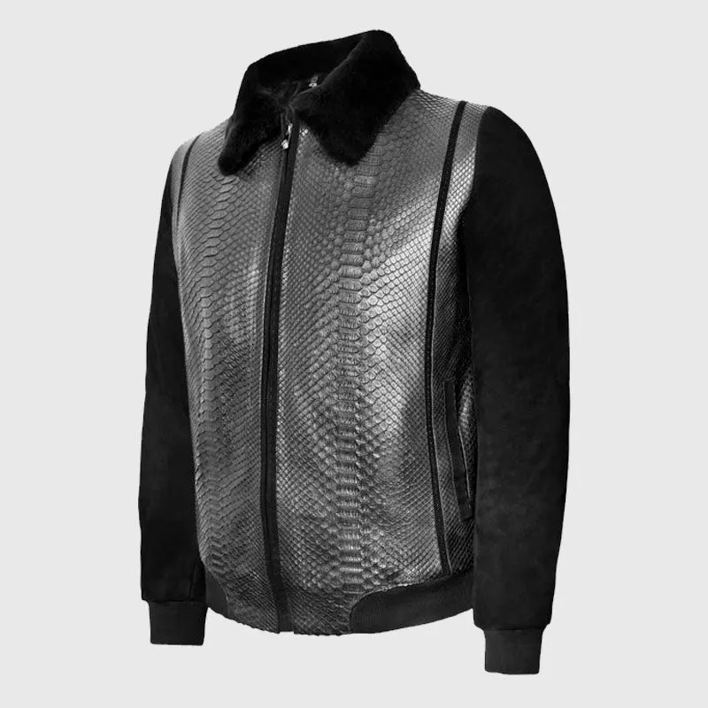 Genuine Best Style Black Suede & Full Body Python Leather Flight Jacket