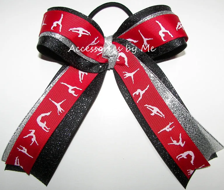 Glitter Gymnastics Red Silver Black Ponytail Bow