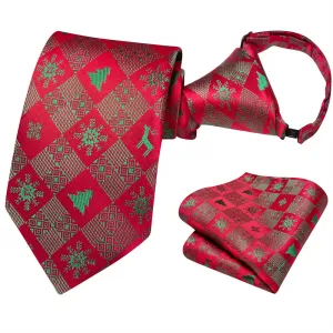 Hi-Tie Red Plaid Christmas Kids Pre-Tied Adjustable Tie Pocket Square Set