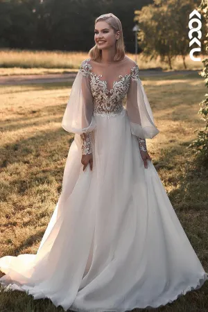 K1950 - Gorgeous & Charming V-Neck Long Lace Sleeves A-line Wedding Dress With Applique