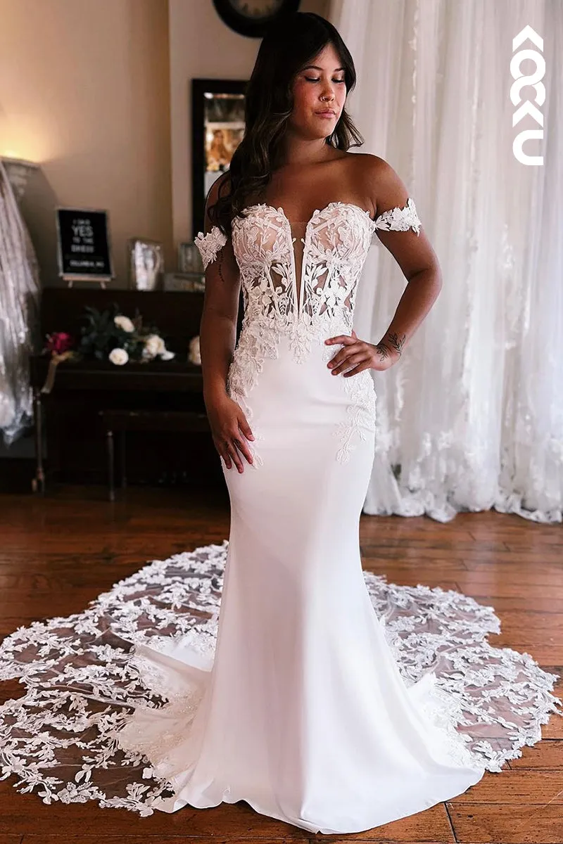 K1955 - Gorgeous & Charming Off-Shoulder Cap Sleeves Mermaid Trumpet Lace Applique Wedding Dress