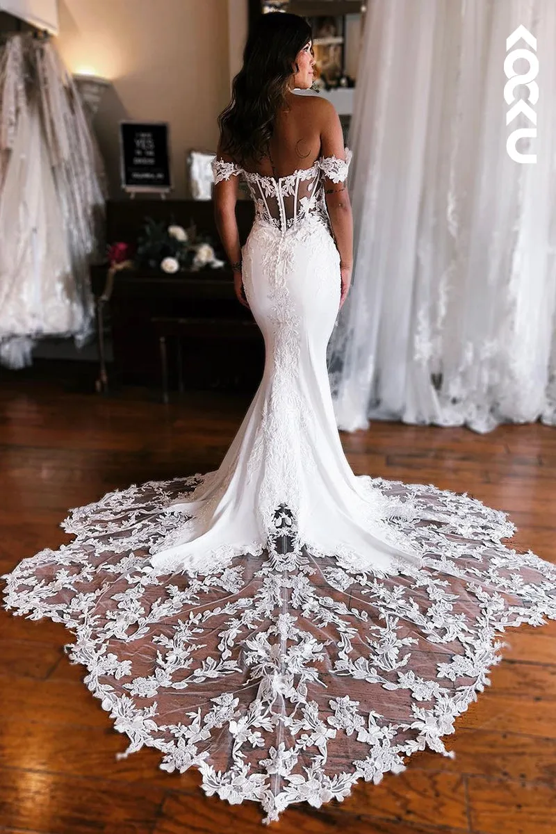 K1955 - Gorgeous & Charming Off-Shoulder Cap Sleeves Mermaid Trumpet Lace Applique Wedding Dress