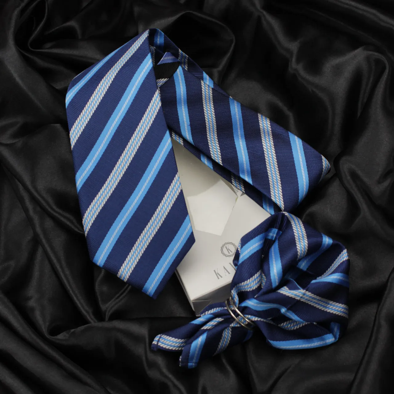 Kovove The Sharp Striped  Blue Necktie and Pocket Square Gift Box