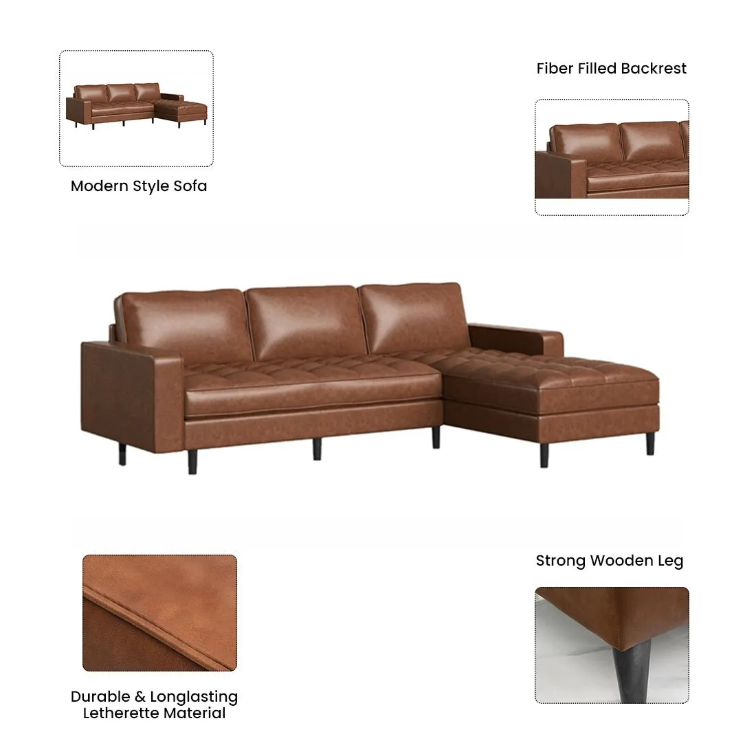 Kuffer 5 Seater Leatherette L Shape Sofa for Living Room