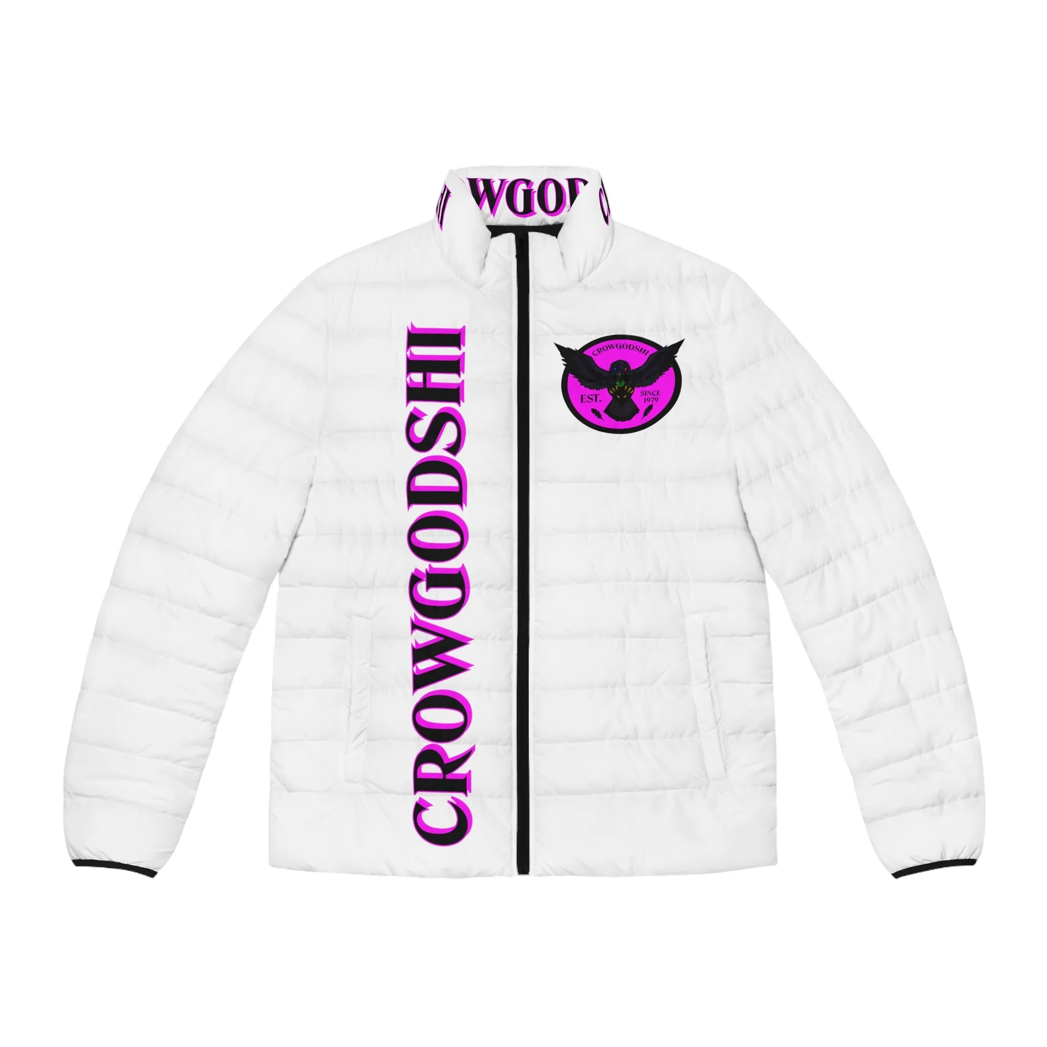 Men's CROWGODSHI 2nd GEN Puffer Jacket, WHITE W/ PINK LOGO