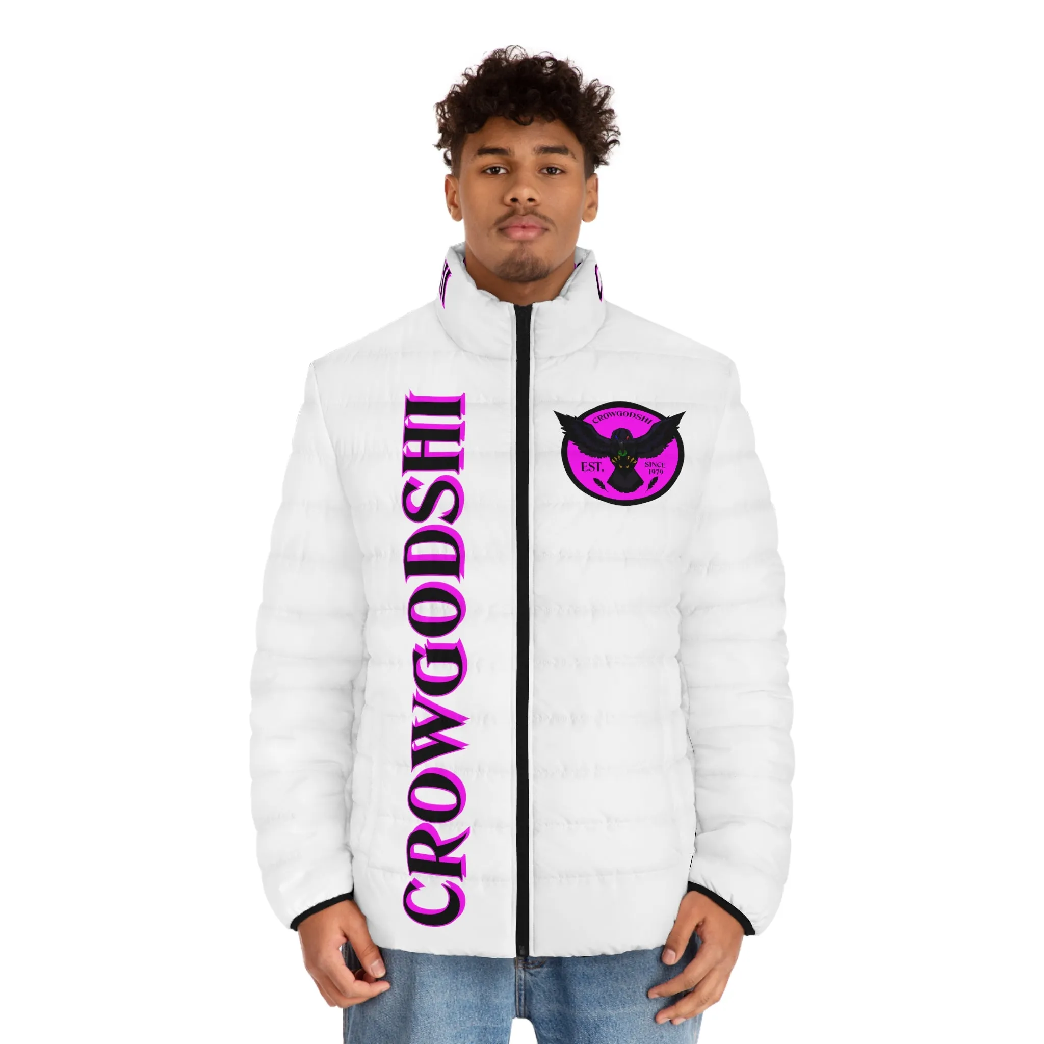 Men's CROWGODSHI 2nd GEN Puffer Jacket, WHITE W/ PINK LOGO