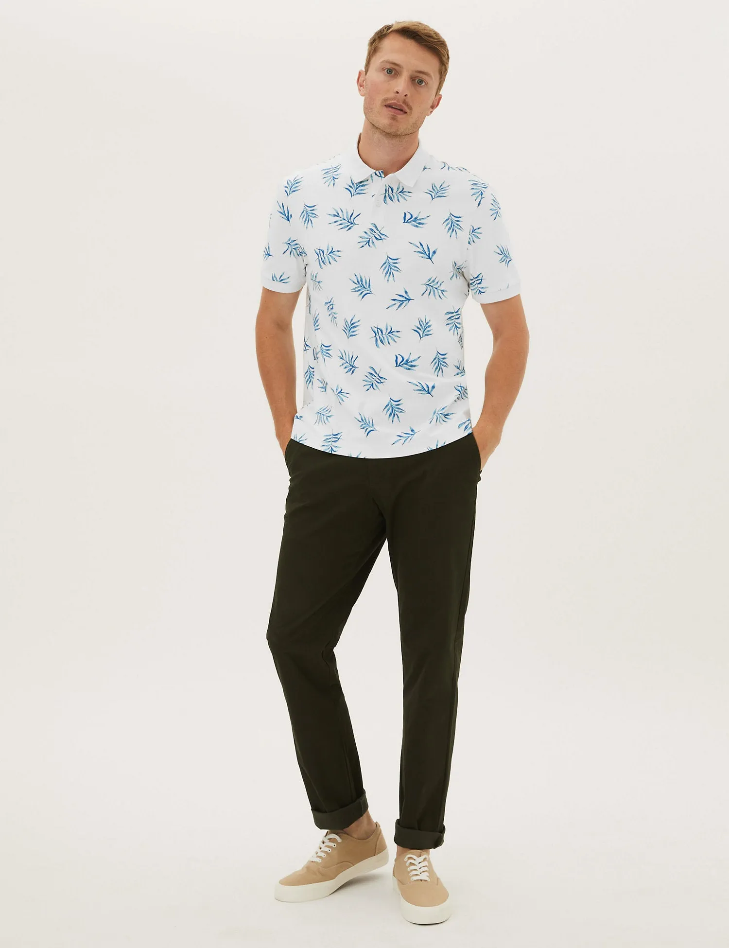 Pure Cotton Leaf Print Polo Shirt