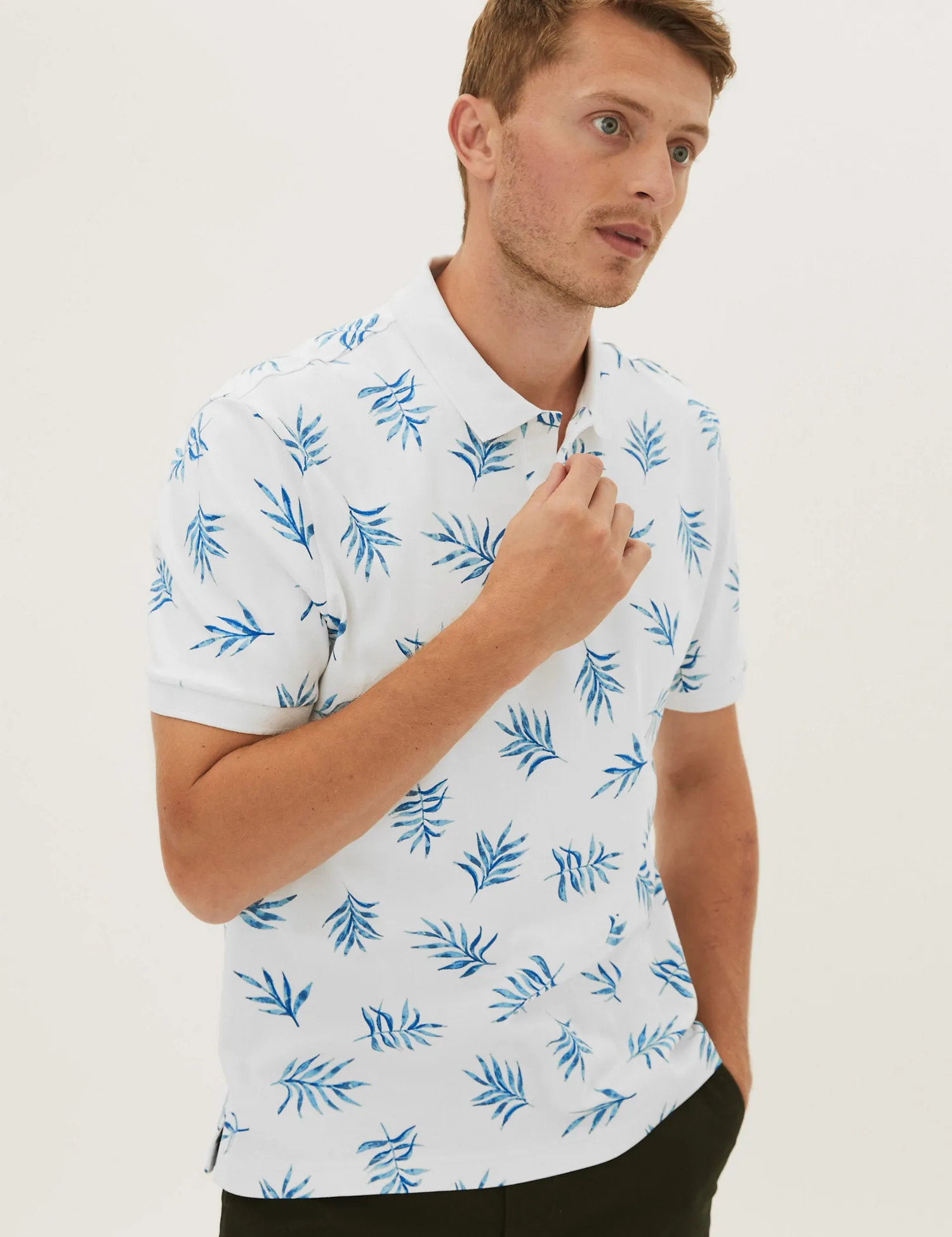 Pure Cotton Leaf Print Polo Shirt