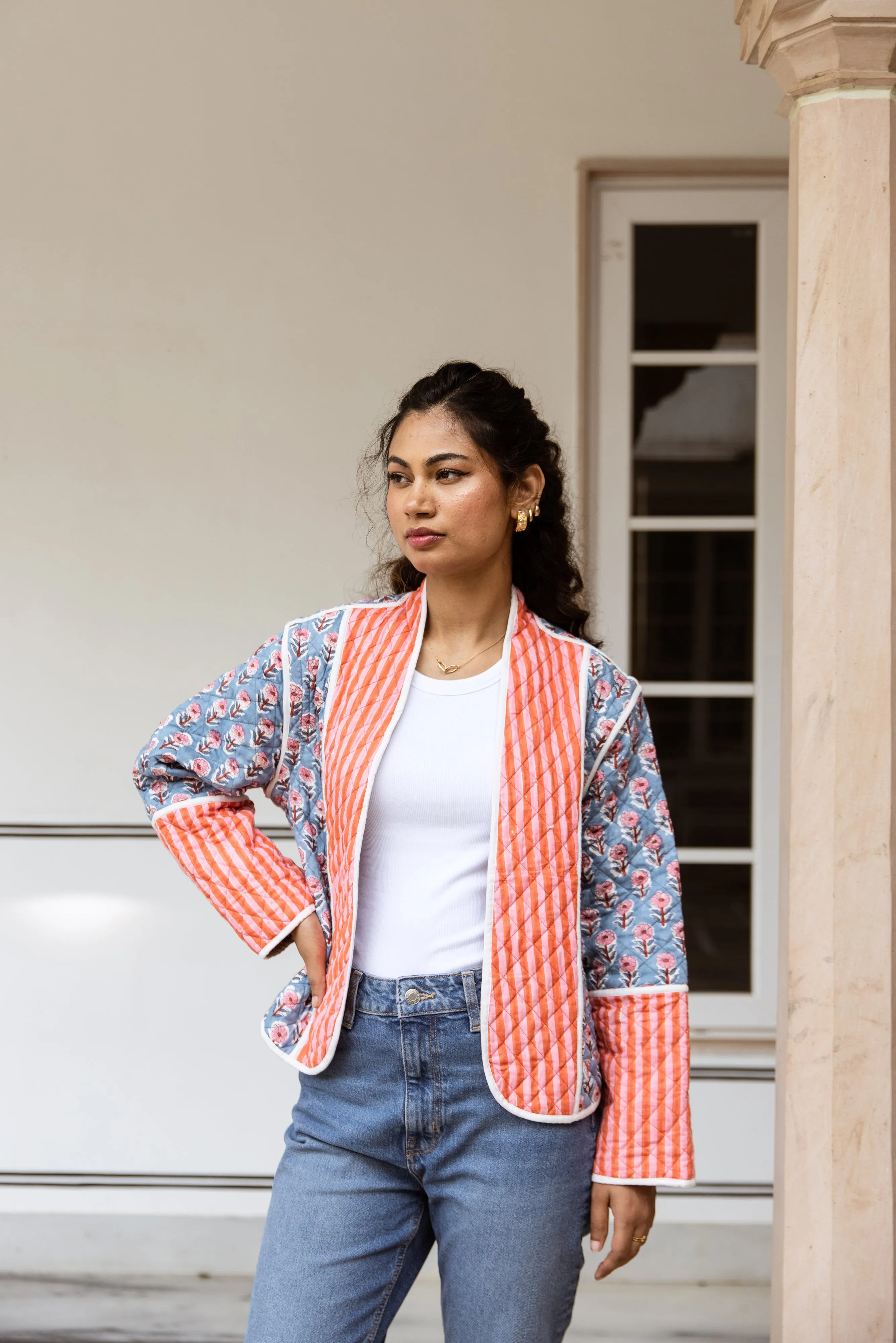 Quilted Jacket & Waistcoat in 1 - Pink Floral and Stripe Print