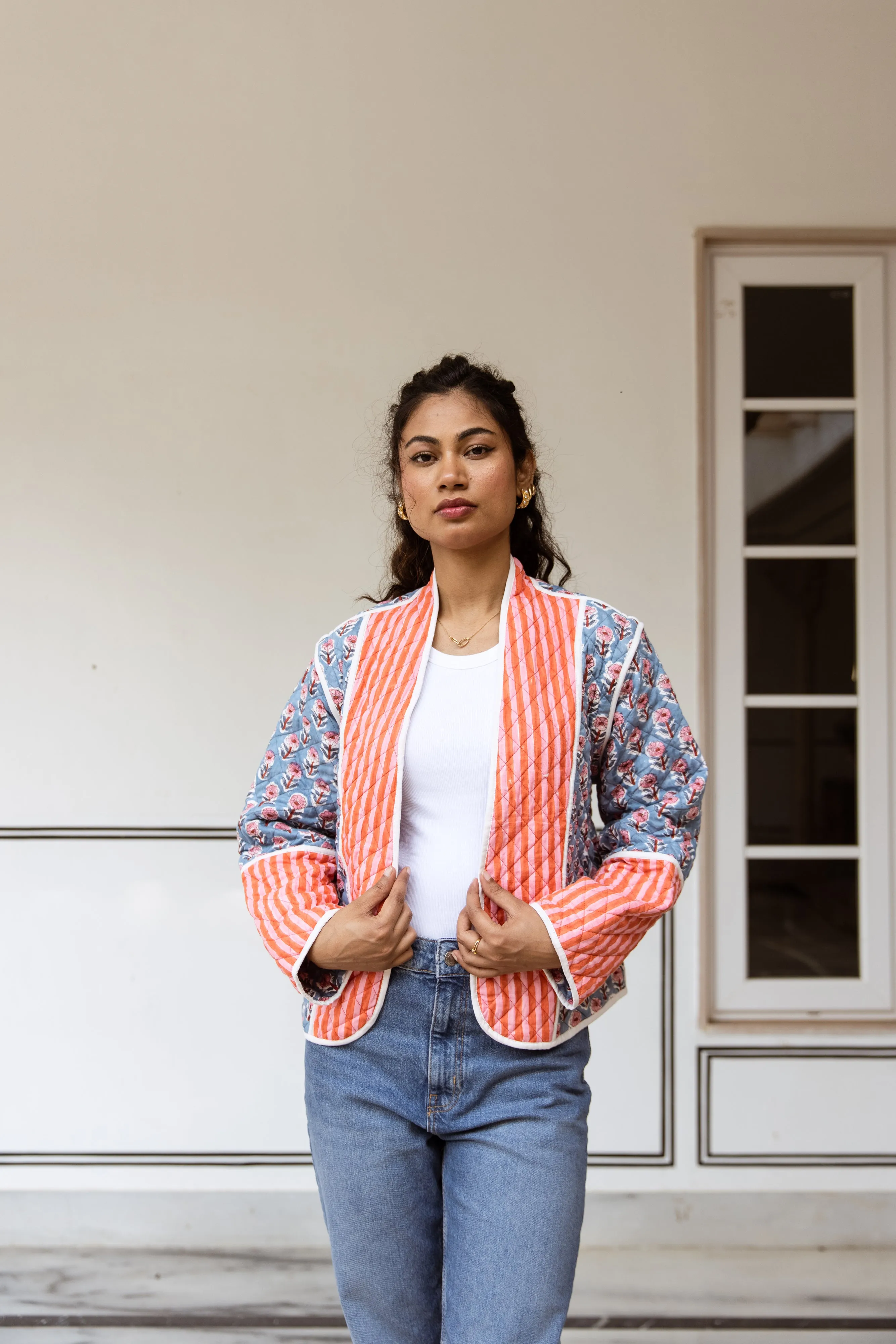 Quilted Jacket & Waistcoat in 1 - Pink Floral and Stripe Print