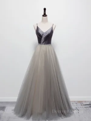 Simple gray v neck tulle long prom dress gray tulle formal dress