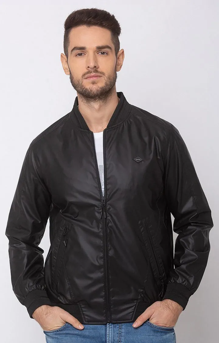 Spykar Men Black Polyester Straight Fit Jacket