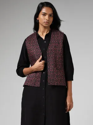 Utsa Charcoal Grey Printed Cotton Quilted Reversible Jacket