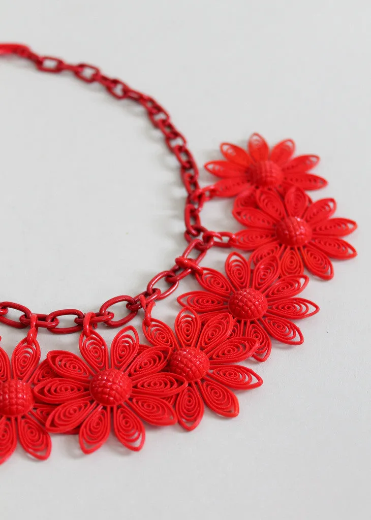 Vintage 1950s Red Daisies Plastic Necklace