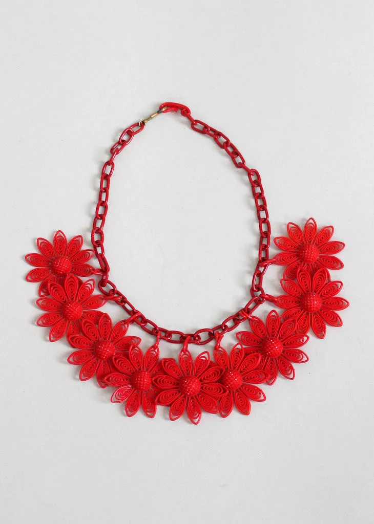 Vintage 1950s Red Daisies Plastic Necklace