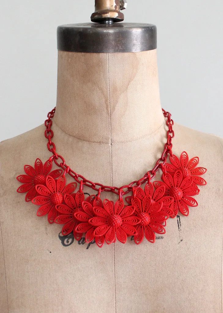 Vintage 1950s Red Daisies Plastic Necklace