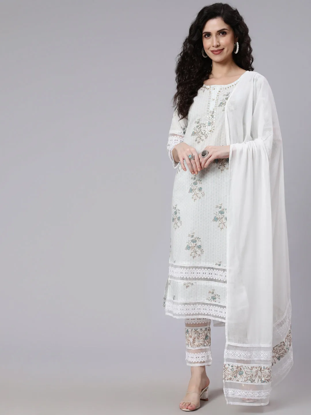 Women Off- White Embroidered Straight Kurta With Traouser And Dupatta