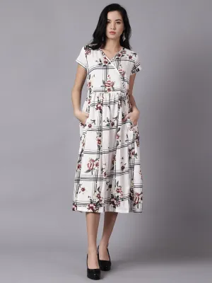 Women White Floral Printed V-Neck Fit And Flare Dress