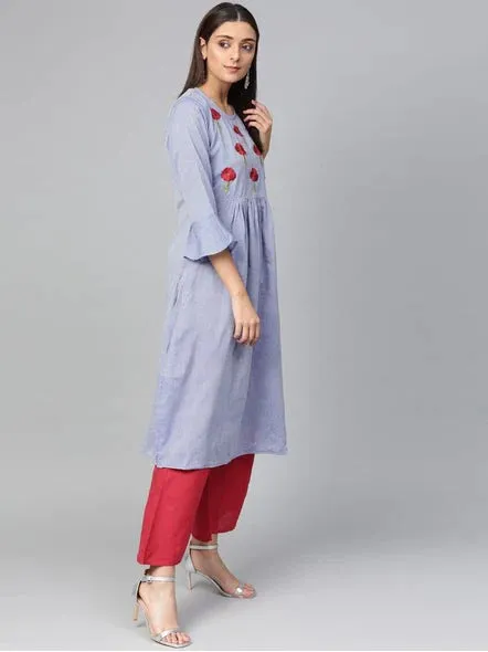 Women'S Blue & Red Yoke Design Chambray Kurta With Palazzos