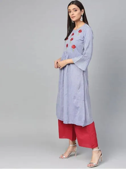 Women'S Blue & Red Yoke Design Chambray Kurta With Palazzos