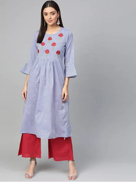 Women'S Blue & Red Yoke Design Chambray Kurta With Palazzos